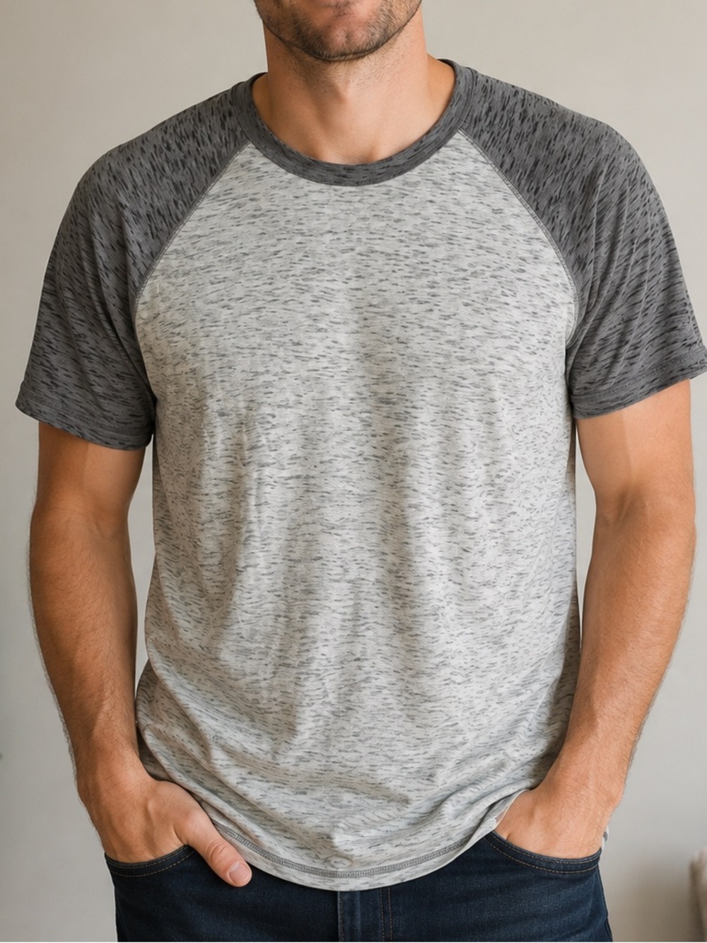 Express Raglan Tee in Light Gray Body with Dark Gray Sleeves